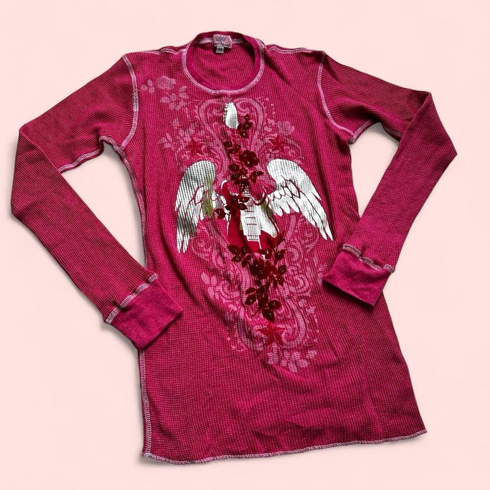 Y2 Rare Yvette Mandell Electric Guitar and Wings Rhinestoned Long Sleeve Top, M
